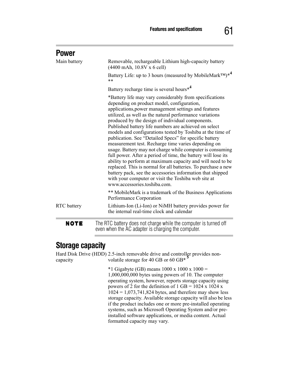 Power, Storage capacity, Power storage capacity | Toshiba Satellite A55 User Manual | Page 61 / 68