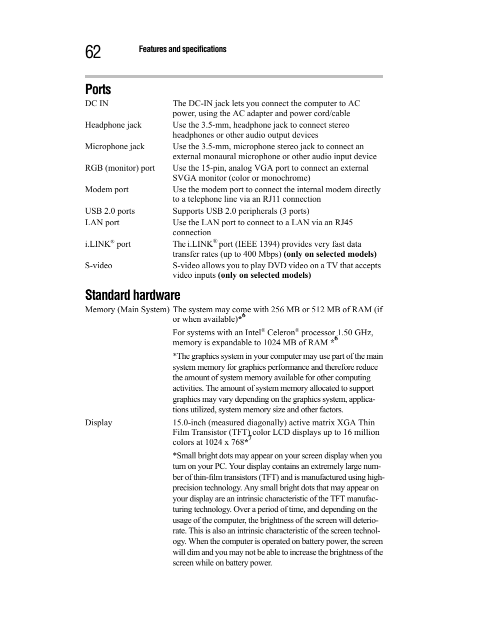 Ports, Standard hardware, Ports standard hardware | Toshiba Satellite A55 User Manual | Page 62 / 68