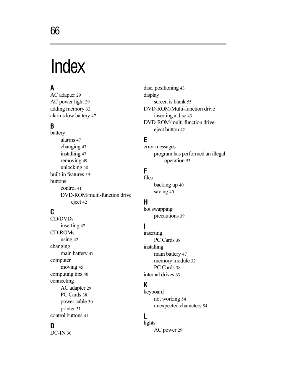 Index | Toshiba Satellite A55 User Manual | Page 66 / 68