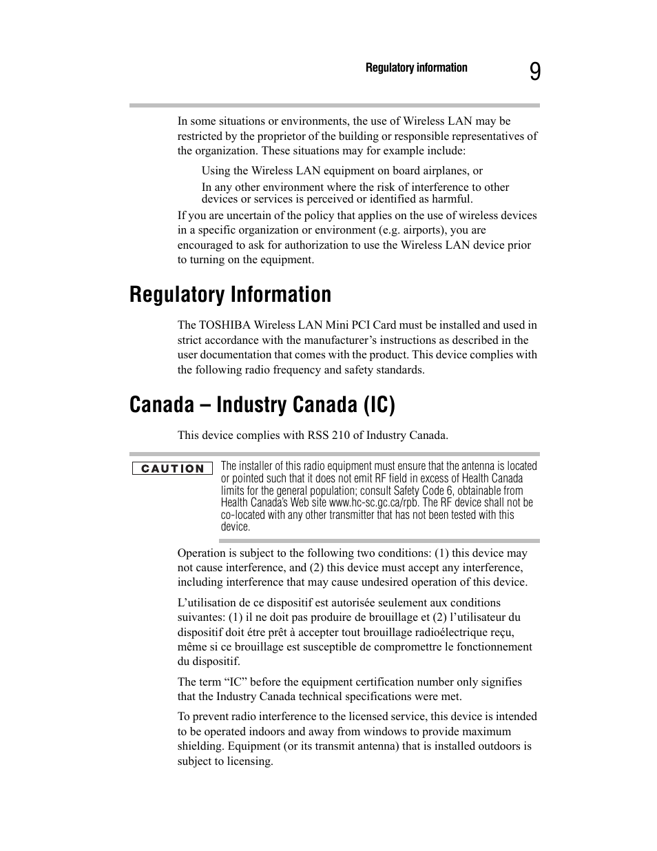 Regulatory information, Canada – industry canada (ic) | Toshiba Satellite A55 User Manual | Page 9 / 68