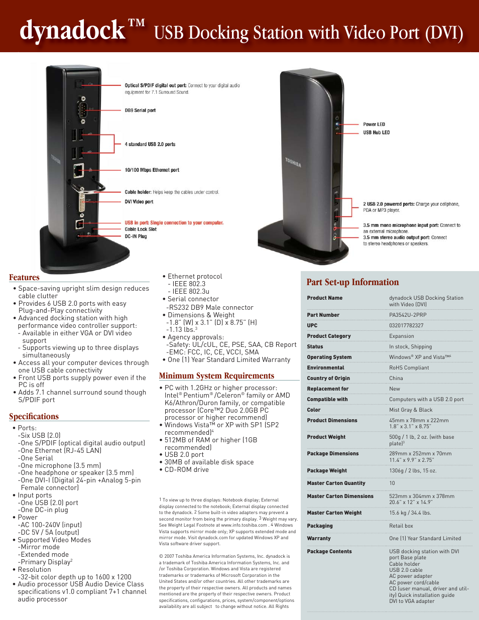 Dynadock, Usb docking station with video port (dvi), Part set-up information | Features, Specifi cations, Minimum system requirements | Toshiba Dynadock USB Docking Station User Manual | Page 2 / 2