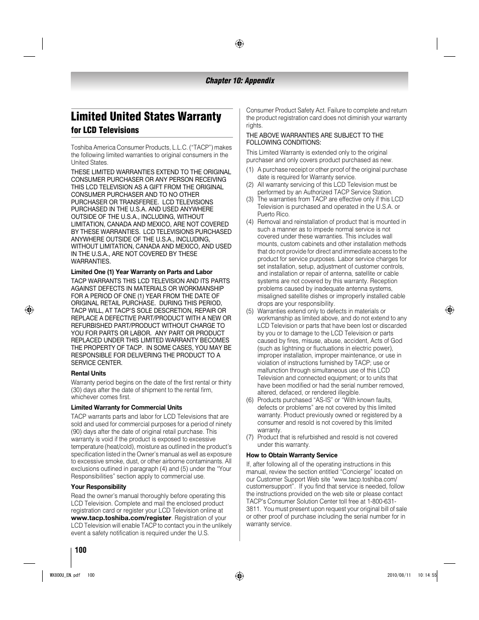 Limited united states warranty, For lcd televisions | Toshiba WX800U User Manual | Page 100 / 106