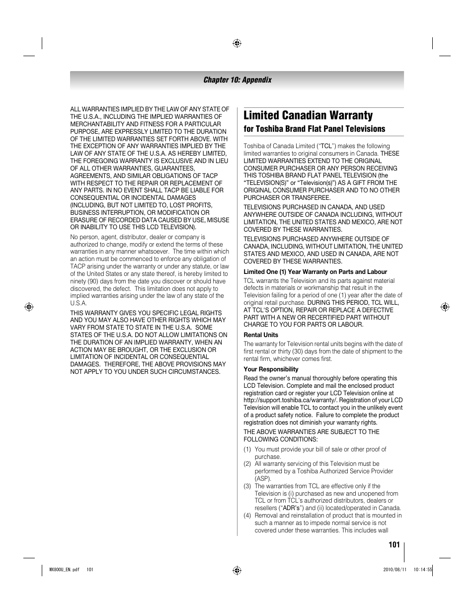 Limited canadian warranty, For toshiba brand flat panel televisions | Toshiba WX800U User Manual | Page 101 / 106