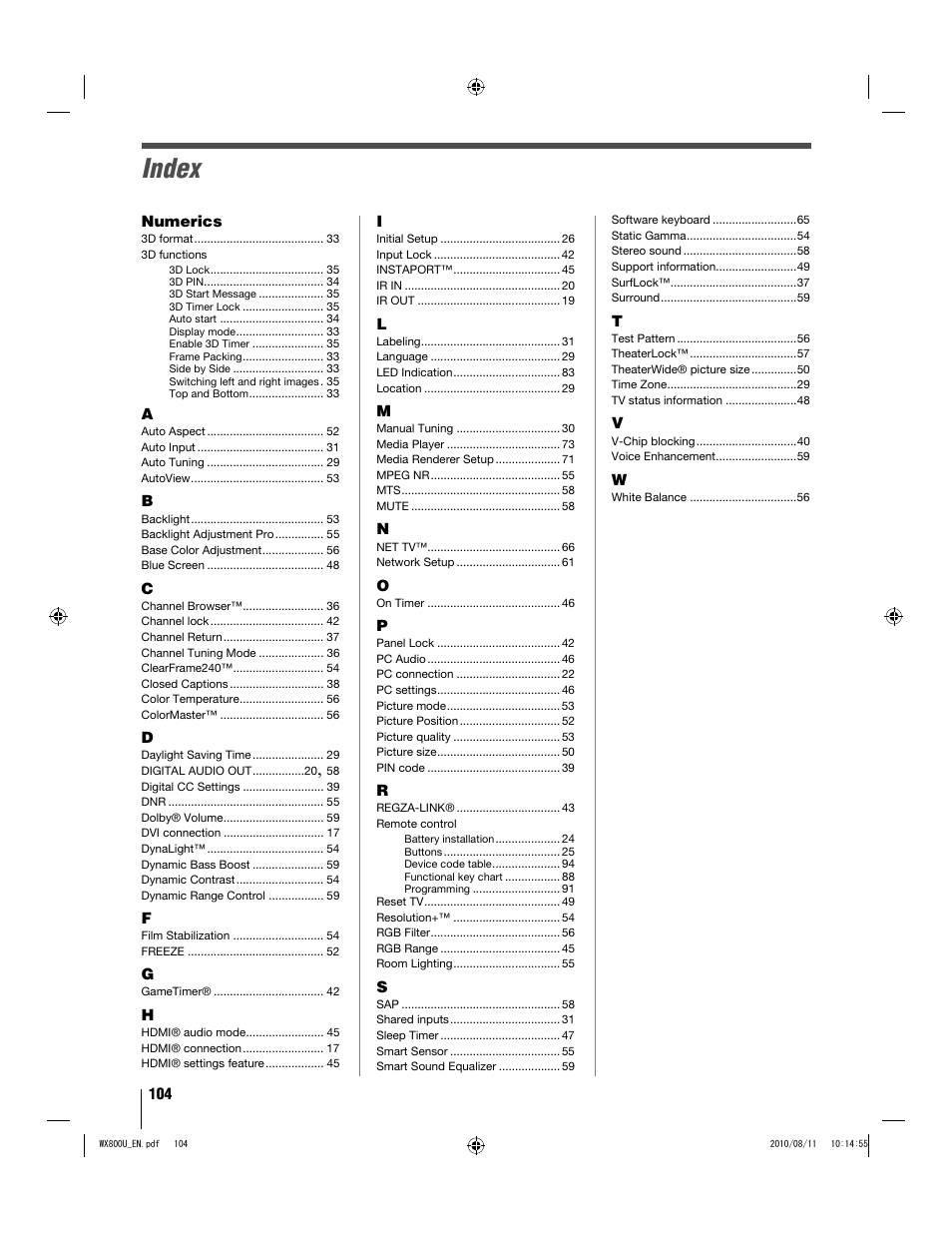 Index | Toshiba WX800U User Manual | Page 104 / 106