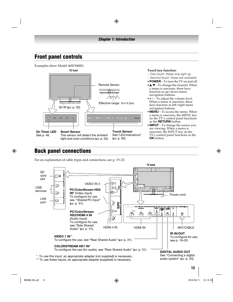 Front panel controls, Back panel connections | Toshiba WX800U User Manual | Page 13 / 106