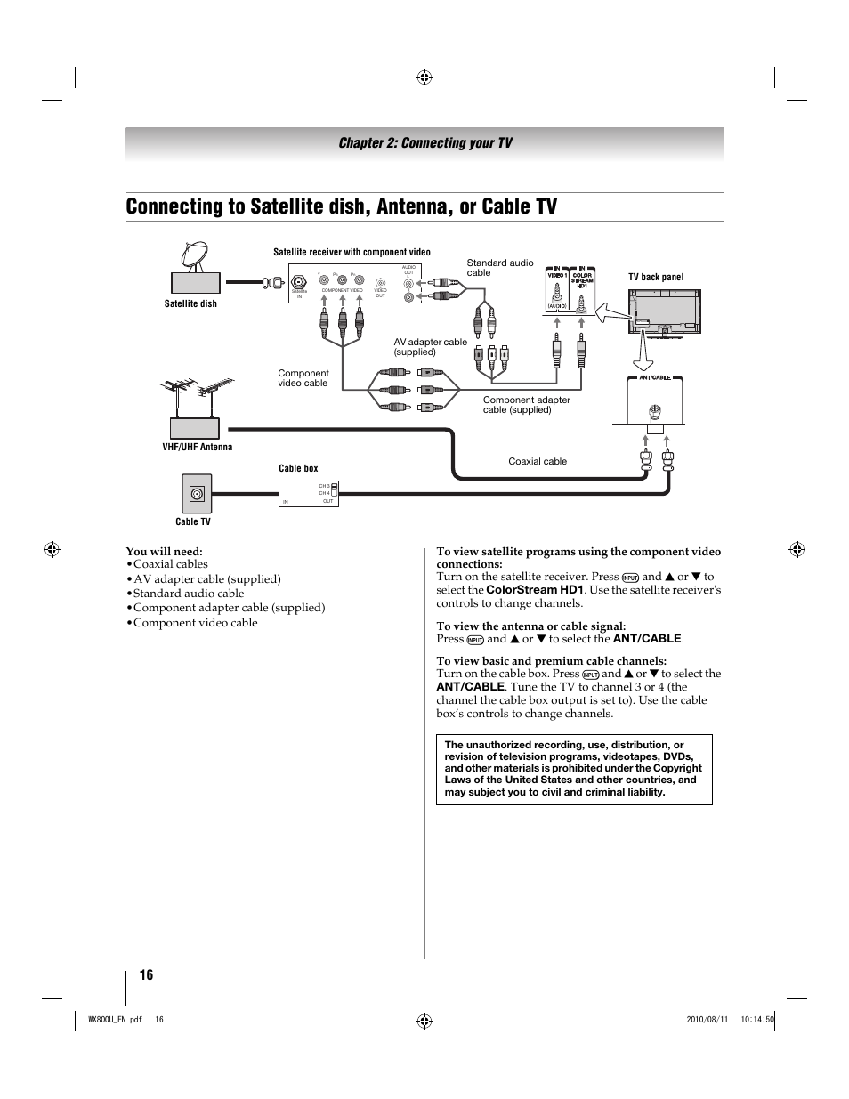 Connecting to satellite dish, antenna, or cable tv, 16 chapter 2: connecting your tv | Toshiba WX800U User Manual | Page 16 / 106