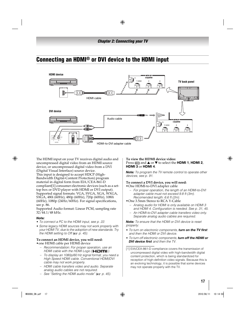 Connecting an hdmi, Or dvi device to the hdmi input, 17 chapter 2: connecting your tv | Toshiba WX800U User Manual | Page 17 / 106