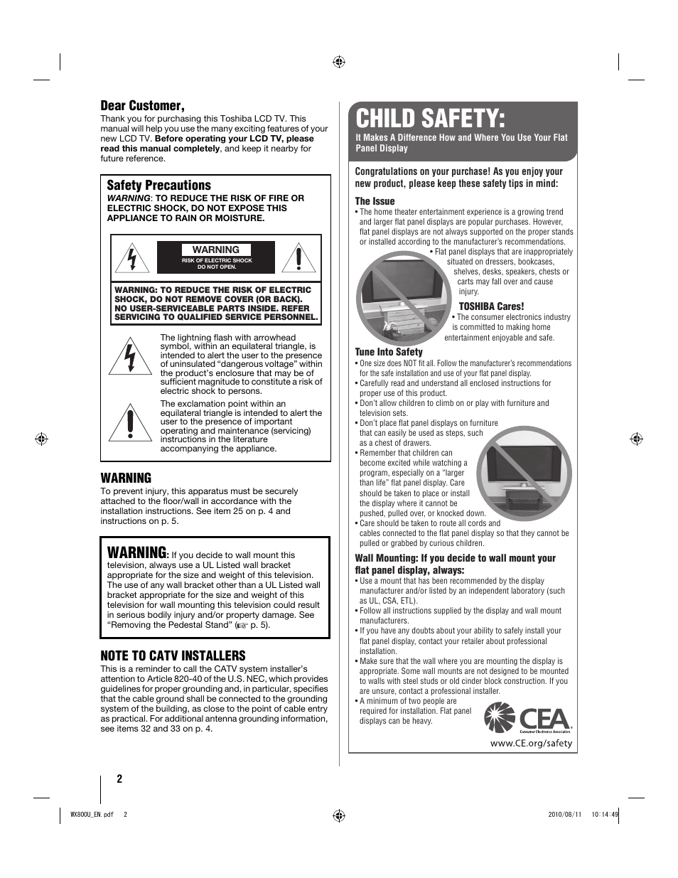 Child safety, Dear customer, Warning | Safety precautions | Toshiba WX800U User Manual | Page 2 / 106