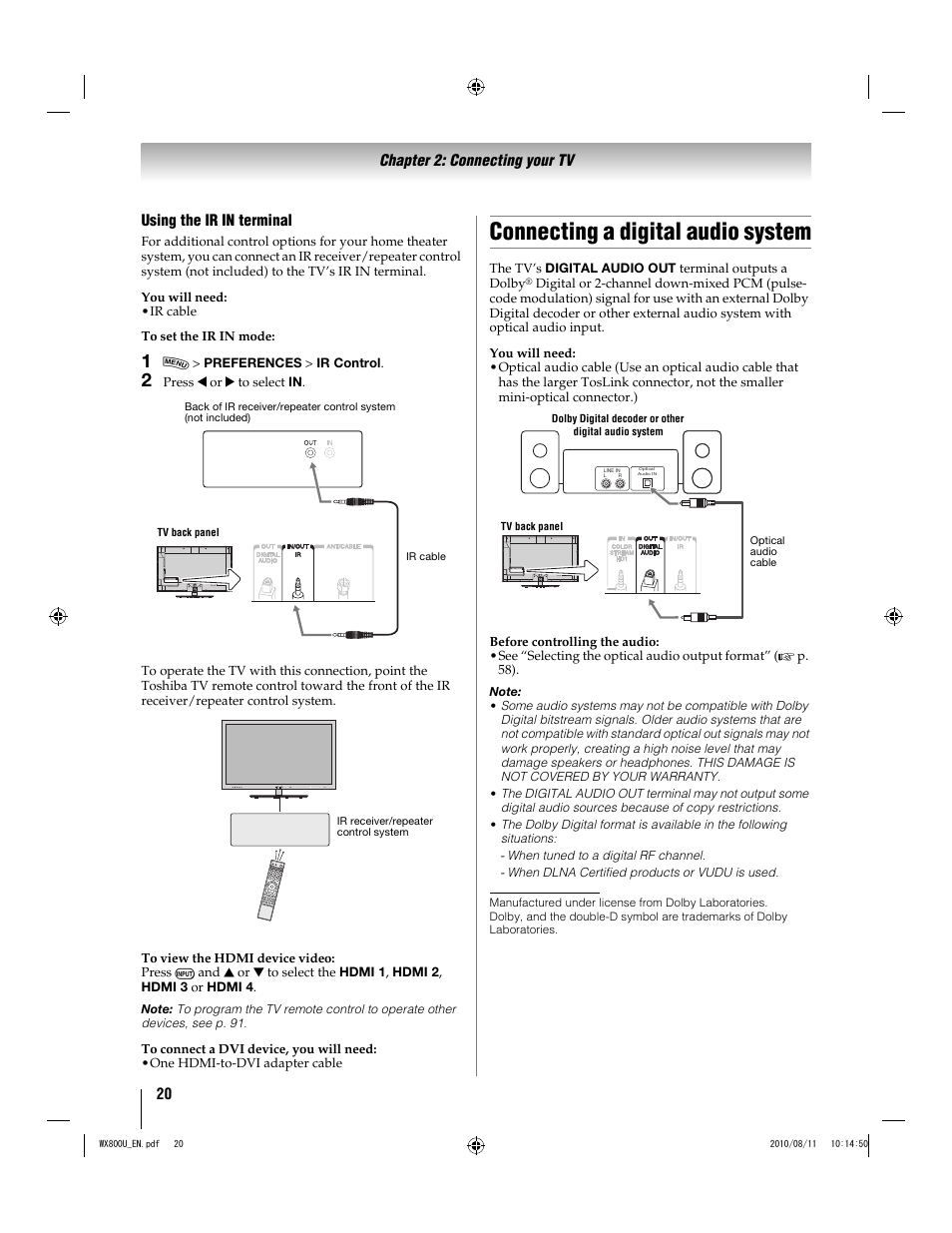 Connecting a digital audio system | Toshiba WX800U User Manual | Page 20 / 106