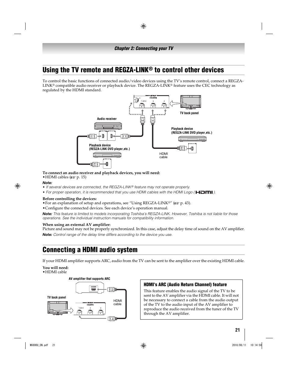 Using the tv remote and regza-link, Connecting a hdmi audio system, 21 chapter 2: connecting your tv | Hdmi's arc (audio return channel) feature | Toshiba WX800U User Manual | Page 21 / 106