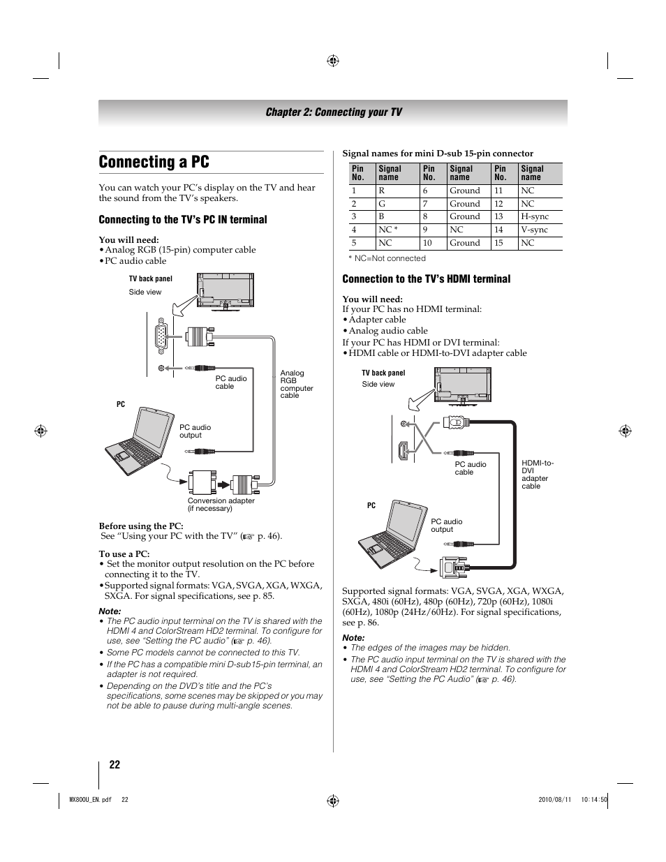 Connecting a pc | Toshiba WX800U User Manual | Page 22 / 106