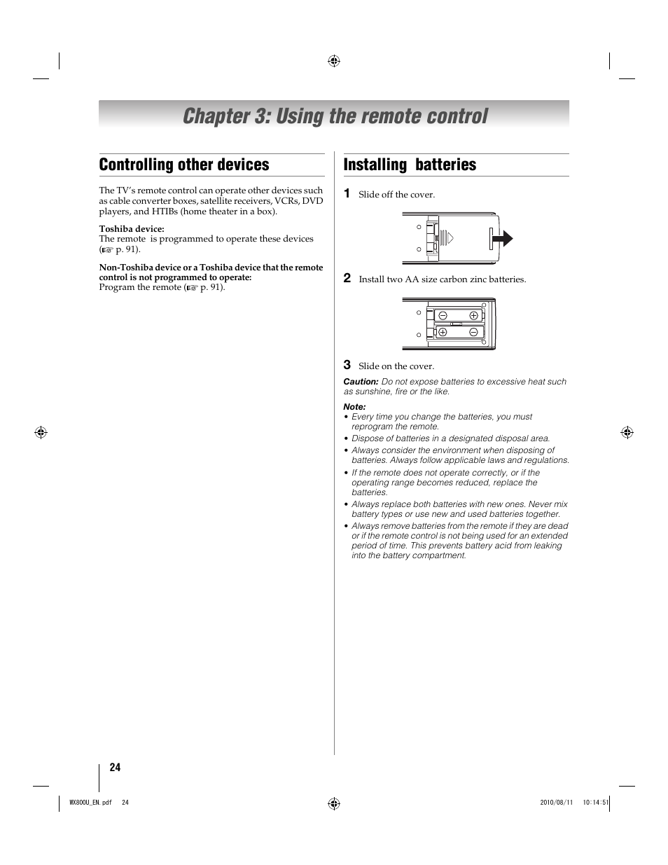 Chapter 3: using the remote control, Controlling other devices, Installing batteries | Toshiba WX800U User Manual | Page 24 / 106