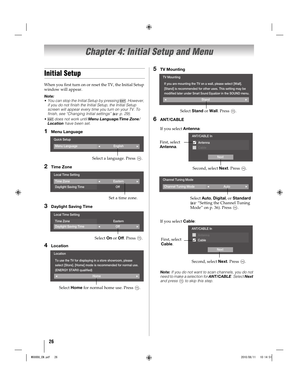 Chapter 4: initial setup and menu, Initial setup | Toshiba WX800U User Manual | Page 26 / 106