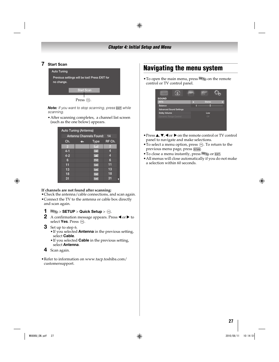 Navigating the menu system, 27 chapter 4: initial setup and menu | Toshiba WX800U User Manual | Page 27 / 106