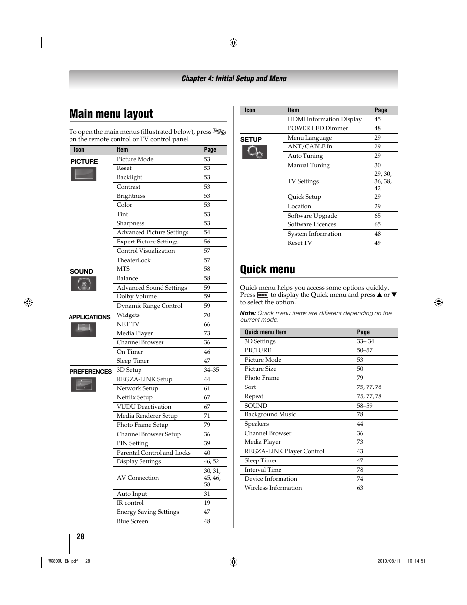 Main menu layout, Quick menu | Toshiba WX800U User Manual | Page 28 / 106