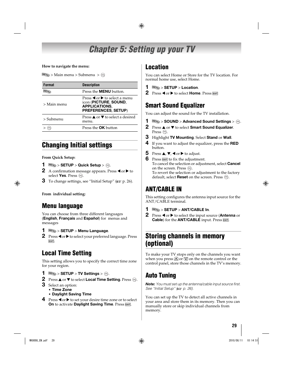 Chapter 5: setting up your tv, Changing initial settings, Menu language | Local time setting, Location, Smart sound equalizer, Ant/cable in, Auto tuning | Toshiba WX800U User Manual | Page 29 / 106