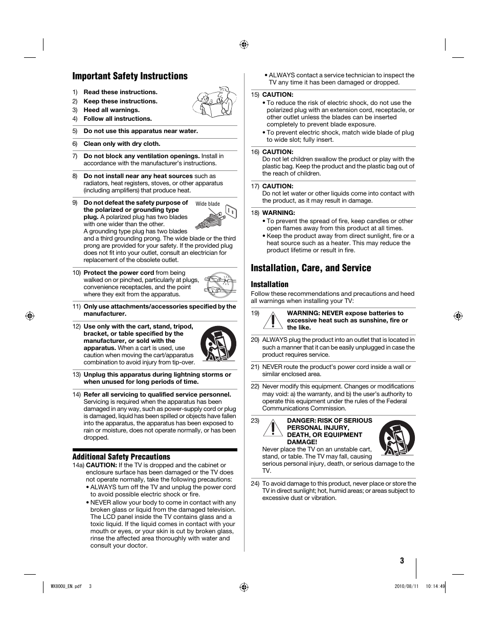 Important safety instructions, Installation, care, and service | Toshiba WX800U User Manual | Page 3 / 106