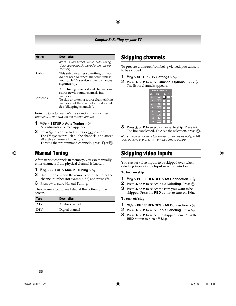 Skipping channels, Skipping video inputs, Manual tuning | Toshiba WX800U User Manual | Page 30 / 106