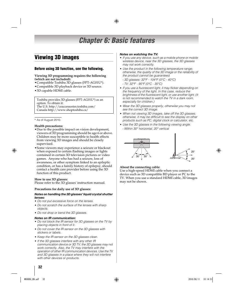 Chapter 6: basic features, Viewing 3d images | Toshiba WX800U User Manual | Page 32 / 106