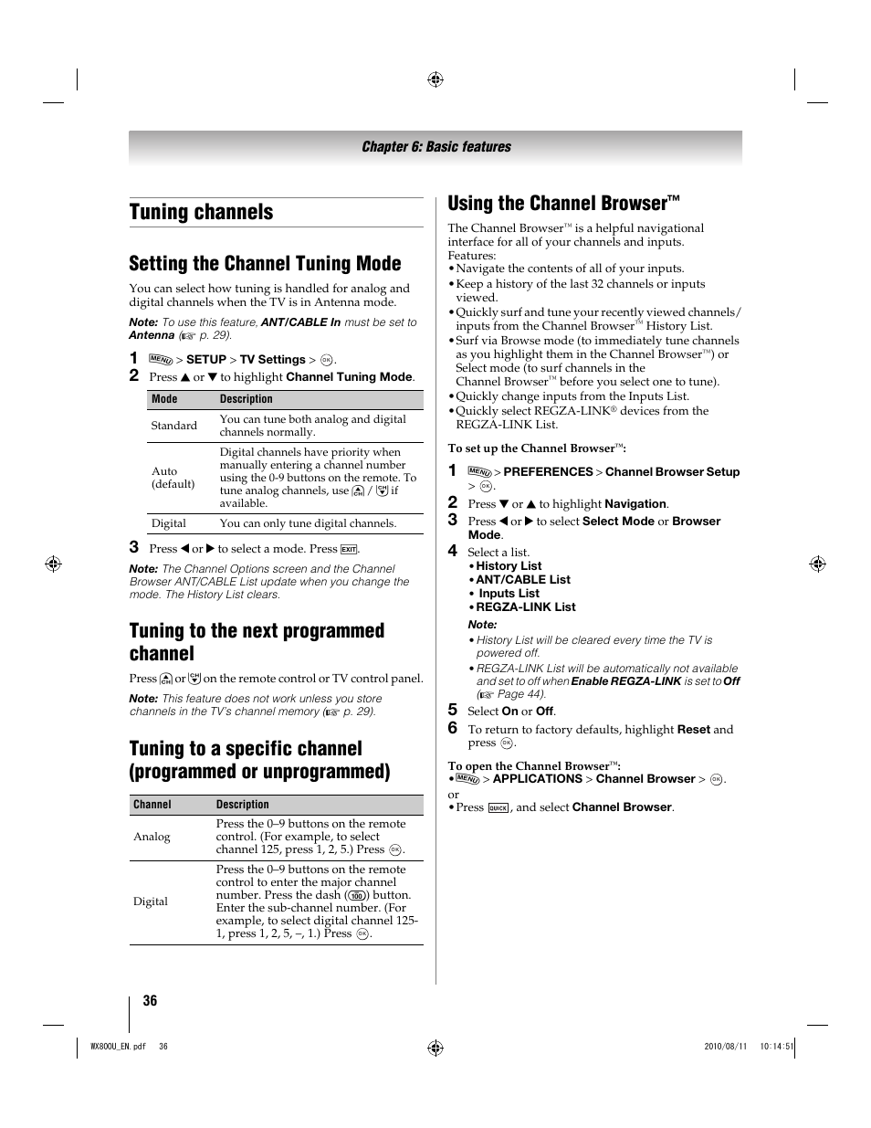 Tuning channels, Setting the channel tuning mode, Tuning to the next programmed channel | Toshiba WX800U User Manual | Page 36 / 106