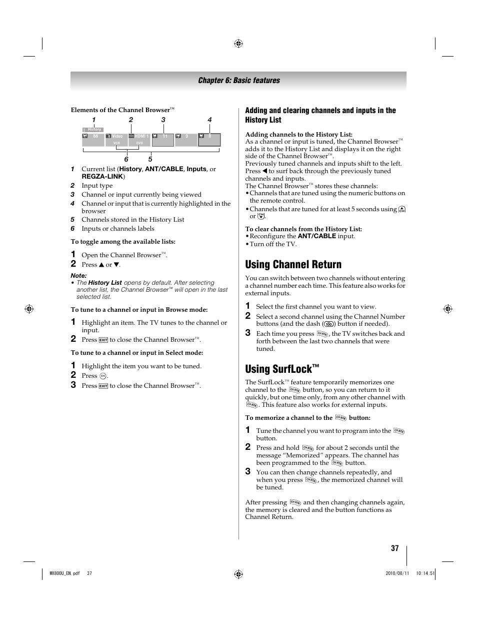 Using channel return, Using surflock | Toshiba WX800U User Manual | Page 37 / 106