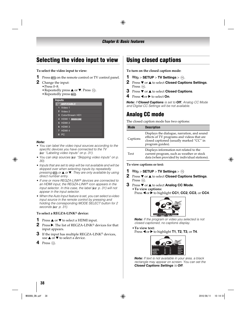 Selecting the video input to view, Using closed captions, Analog cc mode | Toshiba WX800U User Manual | Page 38 / 106