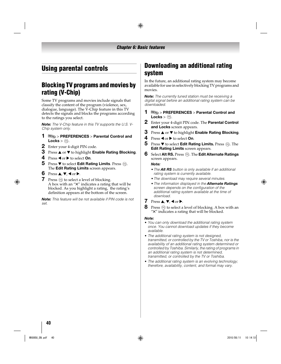 Using parental controls, Blocking tv programs and movies by rating (v-chip), Downloading an additional rating system | Toshiba WX800U User Manual | Page 40 / 106