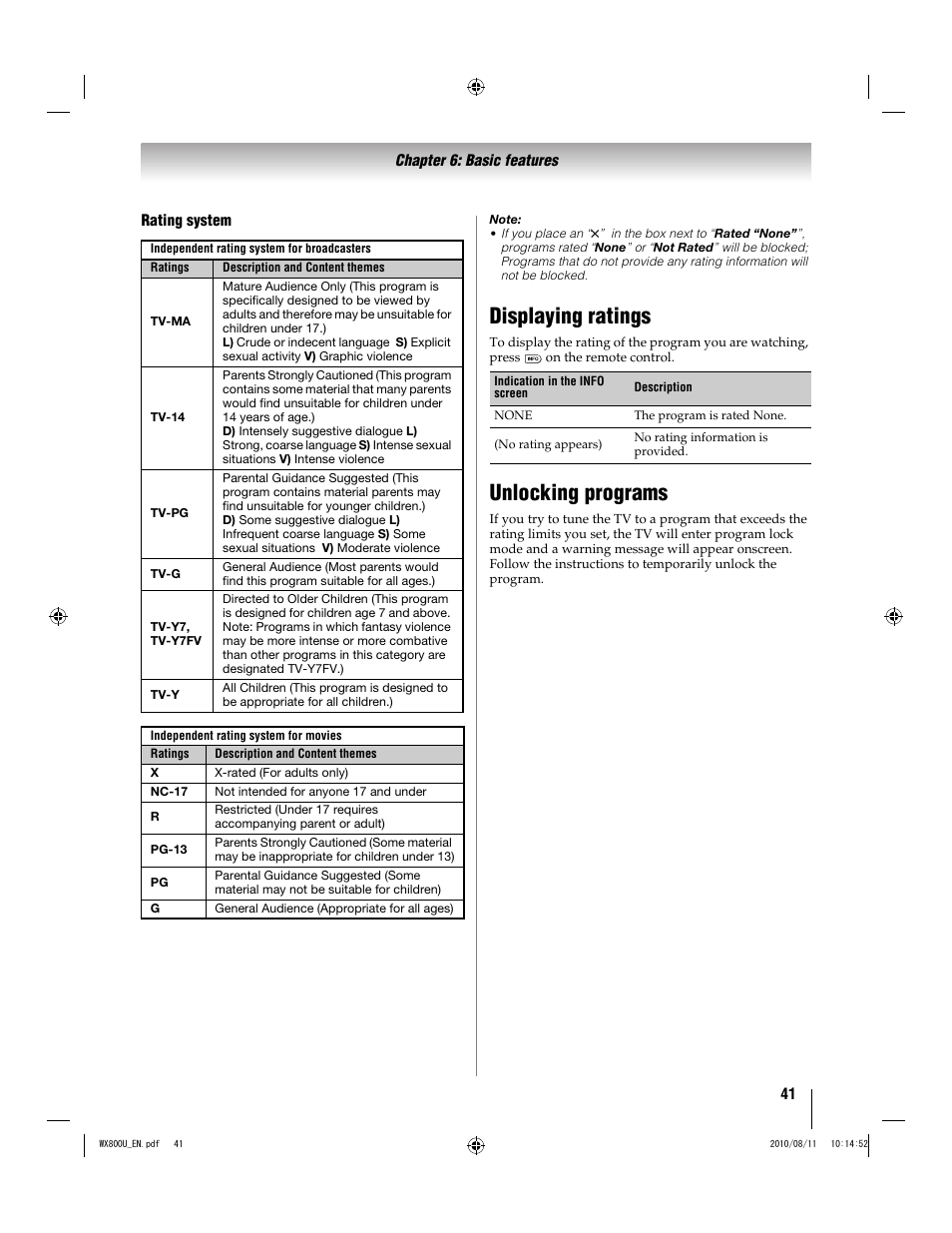 Displaying ratings, Unlocking programs | Toshiba WX800U User Manual | Page 41 / 106