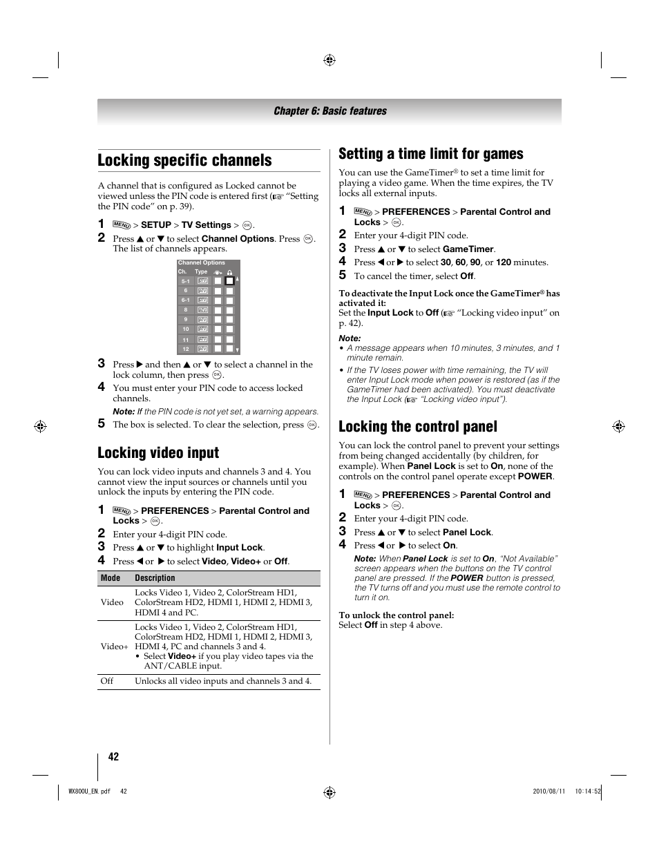 Locking specific channels, Locking video input, Setting a time limit for games | Locking the control panel | Toshiba WX800U User Manual | Page 42 / 106