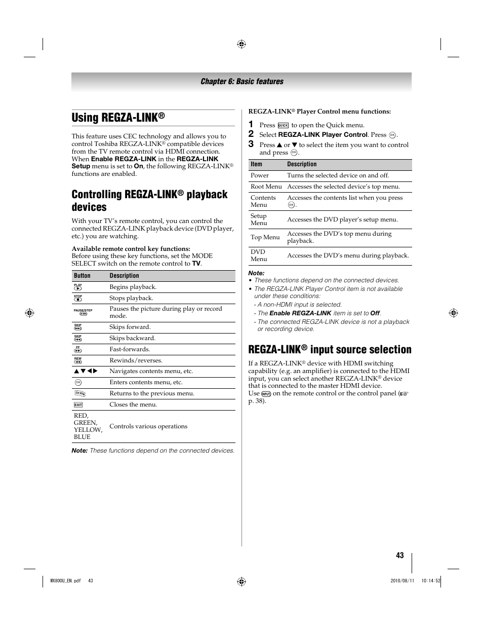 Using regza-link, Controlling regza-link, Playback devices | Regza-link, Input source selection | Toshiba WX800U User Manual | Page 43 / 106