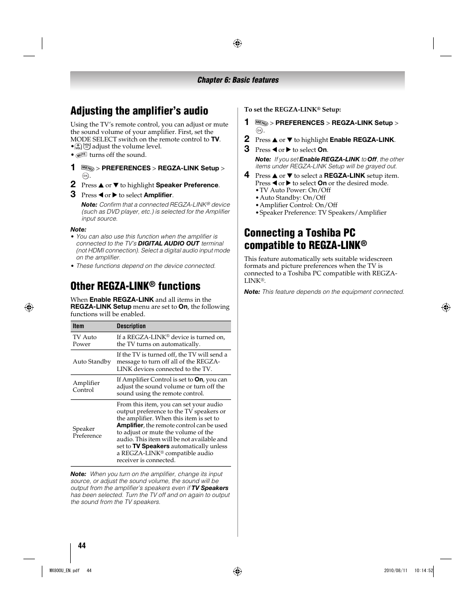 Adjusting the amplifier’s audio, Other regza-link, Functions | Connecting a toshiba pc compatible to regza-link | Toshiba WX800U User Manual | Page 44 / 106