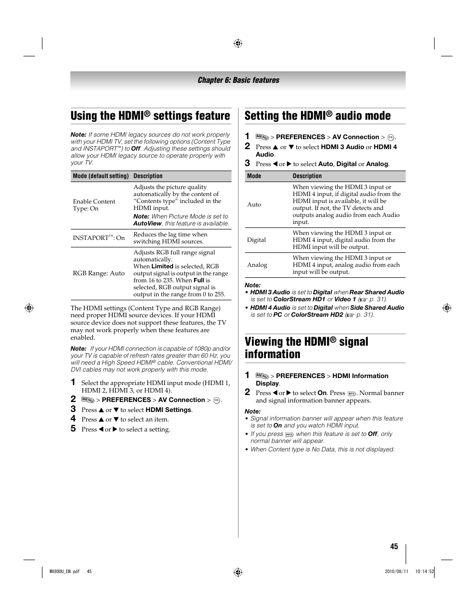Using the hdmi, Settings feature, Setting the hdmi | Audio mode, Viewing the hdmi, Signal information | Toshiba WX800U User Manual | Page 45 / 106