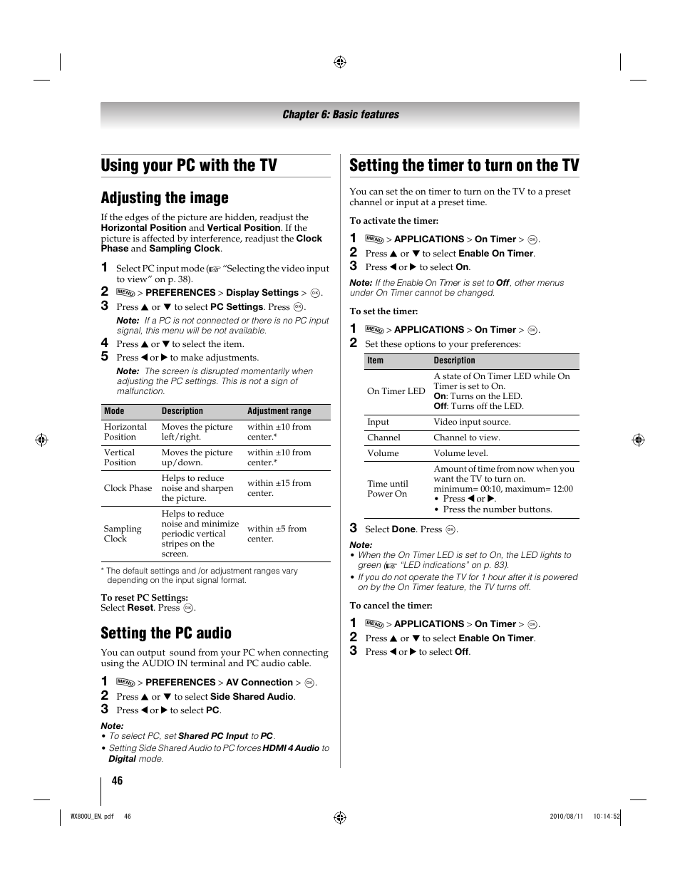 Using your pc with the tv, Setting the timer to turn on the tv, Adjusting the image | Setting the pc audio | Toshiba WX800U User Manual | Page 46 / 106