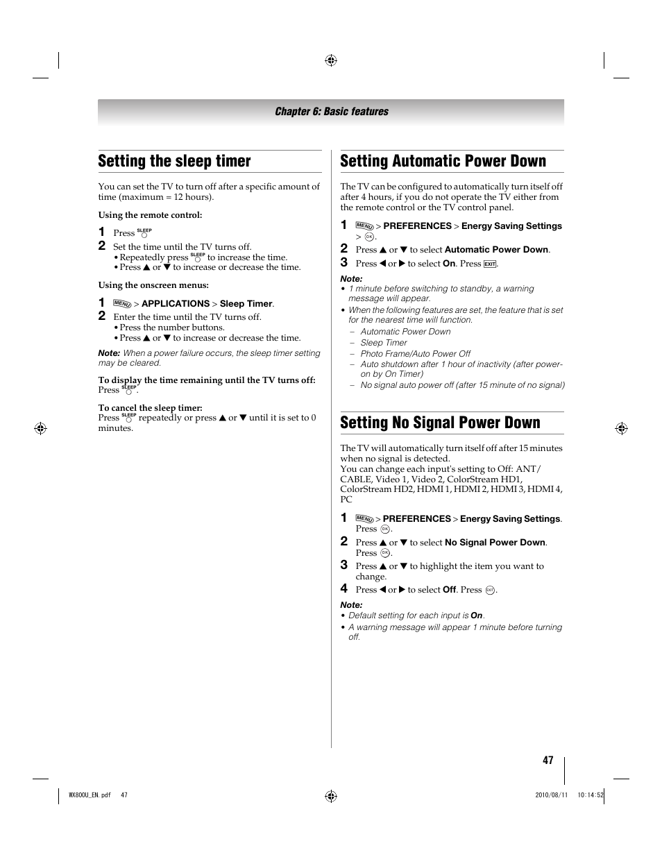 Setting the sleep timer, Setting automatic power down, Setting no signal power down | Toshiba WX800U User Manual | Page 47 / 106