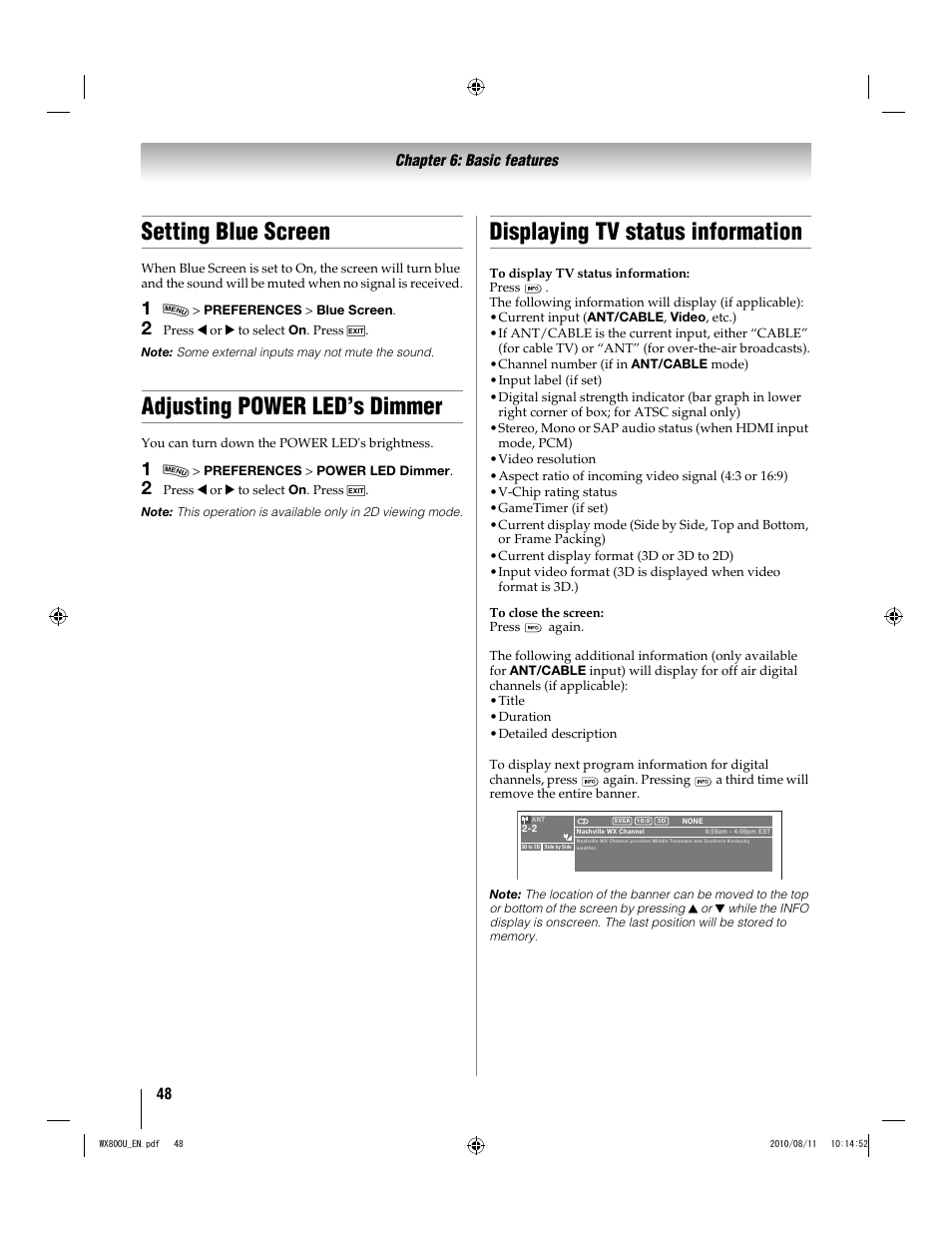 Setting blue screen, Adjusting power led’s dimmer, Displaying tv status information | Toshiba WX800U User Manual | Page 48 / 106