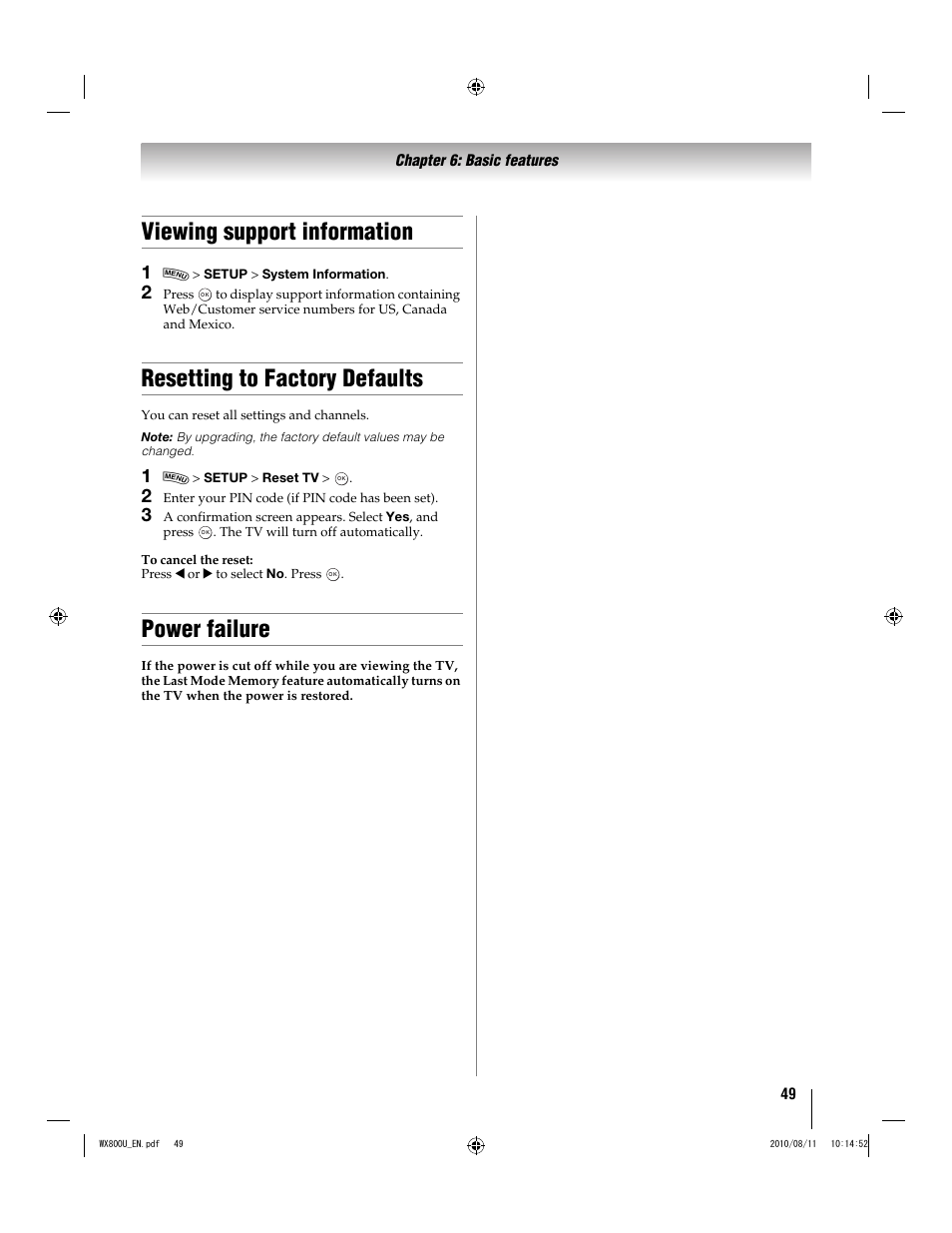 Viewing support information, Resetting to factory defaults, Power failure | Toshiba WX800U User Manual | Page 49 / 106