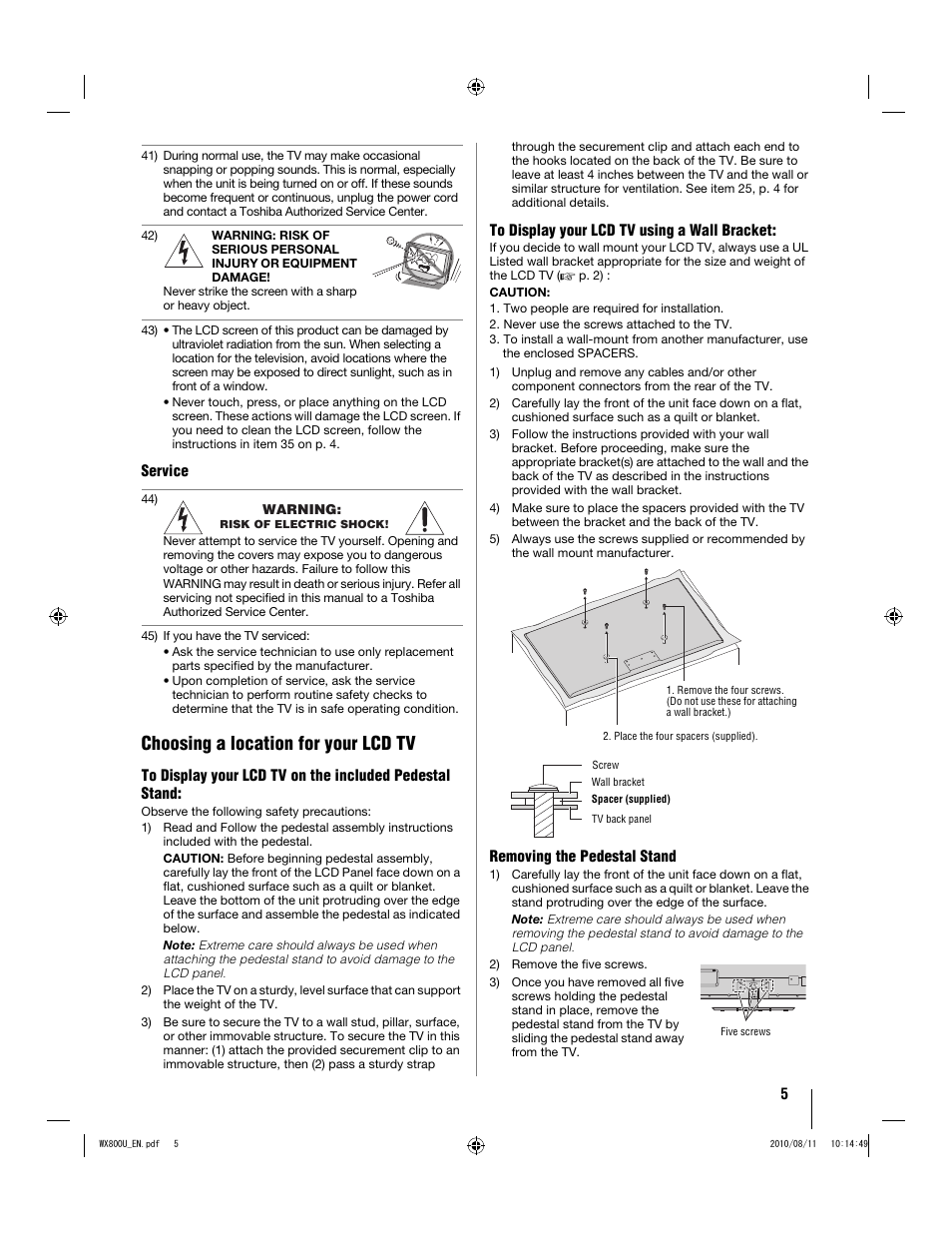 Choosing a location for your lcd tv | Toshiba WX800U User Manual | Page 5 / 106