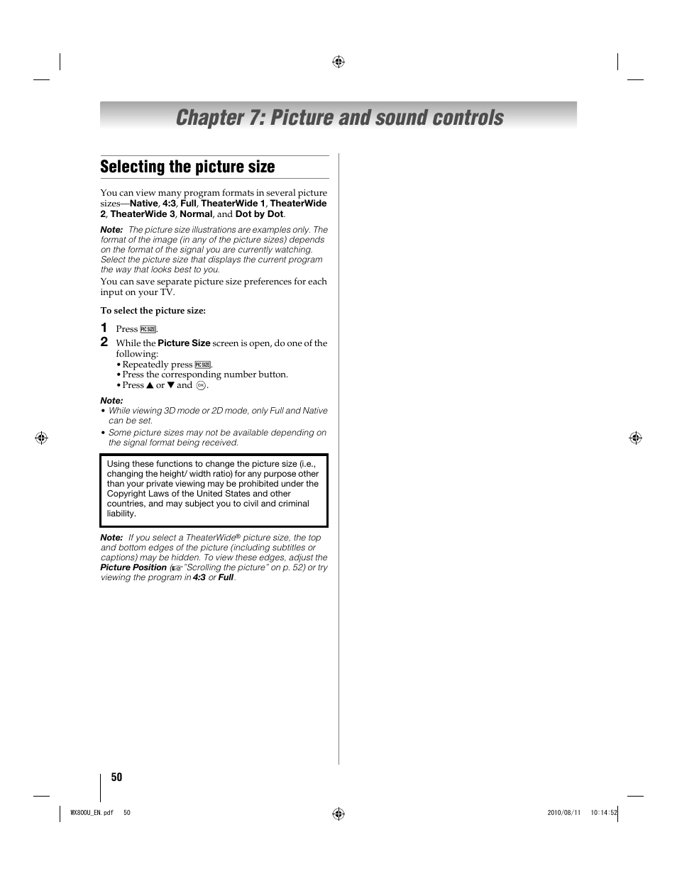 Chapter 7: picture and sound controls, Selecting the picture size | Toshiba WX800U User Manual | Page 50 / 106