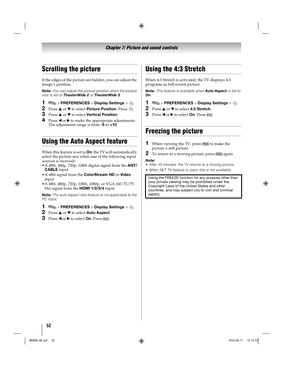 Scrolling the picture, Using the auto aspect feature, Using the 4:3 stretch | Freezing the picture | Toshiba WX800U User Manual | Page 52 / 106