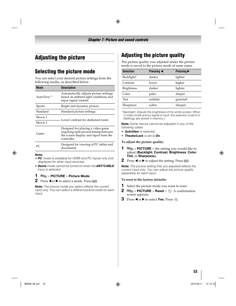 Adjusting the picture, Selecting the picture mode, Adjusting the picture quality | Toshiba WX800U User Manual | Page 53 / 106
