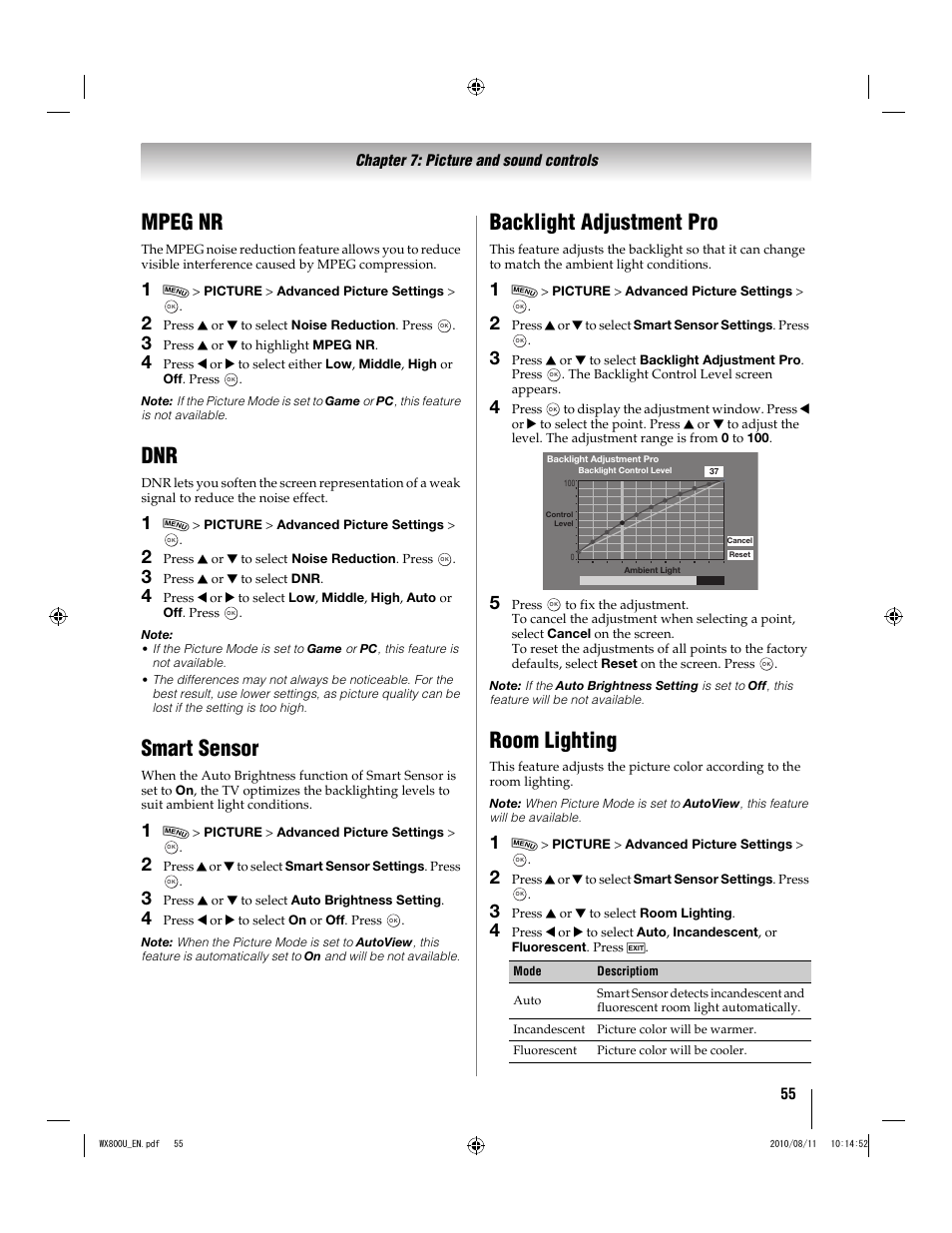 Mpeg nr, Smart sensor, Backlight adjustment pro | Room lighting | Toshiba WX800U User Manual | Page 55 / 106