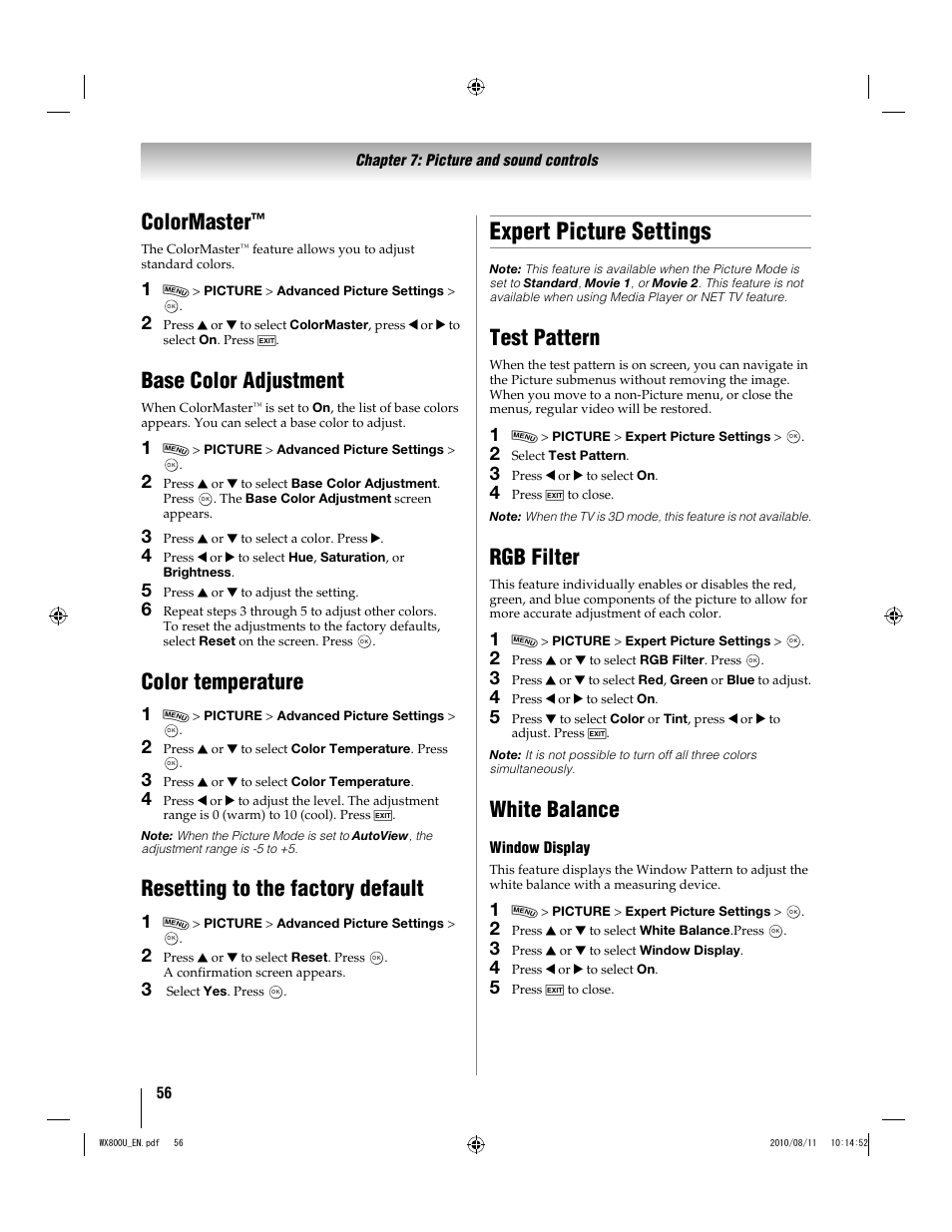 Expert picture settings, Colormaster, Base color adjustment | Color temperature, Resetting to the factory default, Test pattern, Rgb filter, White balance | Toshiba WX800U User Manual | Page 56 / 106