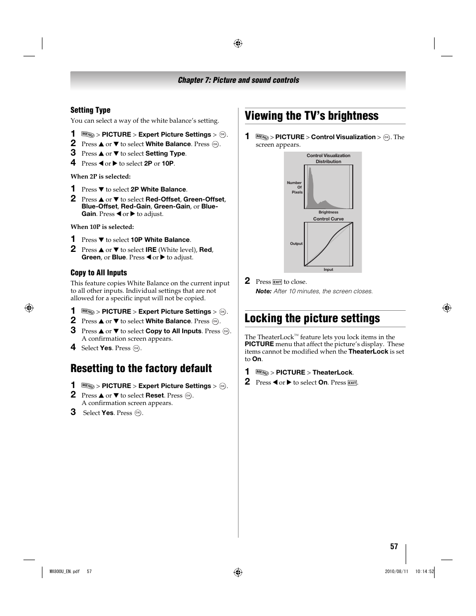 Viewing the tv’s brightness, Locking the picture settings, Resetting to the factory default | Toshiba WX800U User Manual | Page 57 / 106