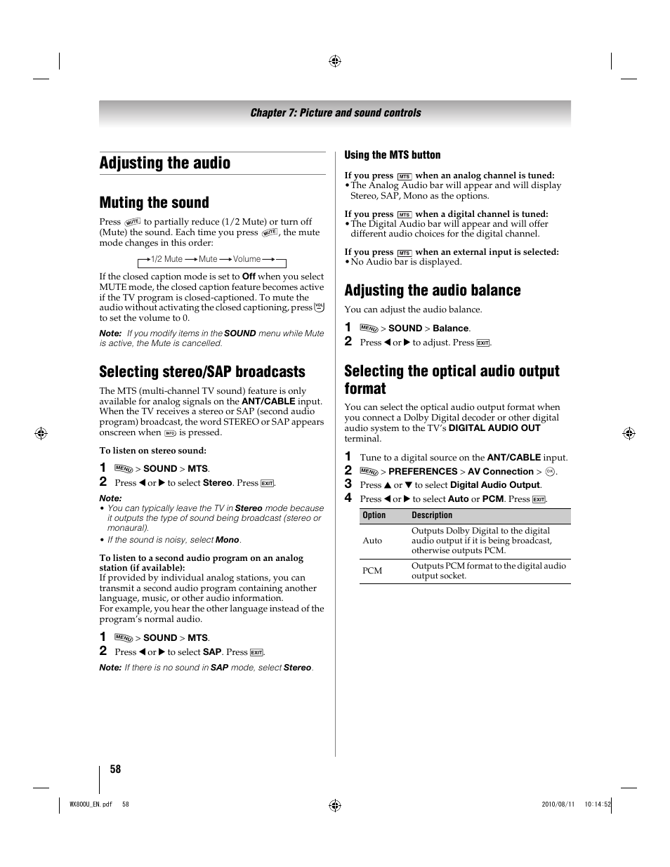 Adjusting the audio, Muting the sound, Selecting stereo/sap broadcasts | Adjusting the audio balance, Selecting the optical audio output format | Toshiba WX800U User Manual | Page 58 / 106