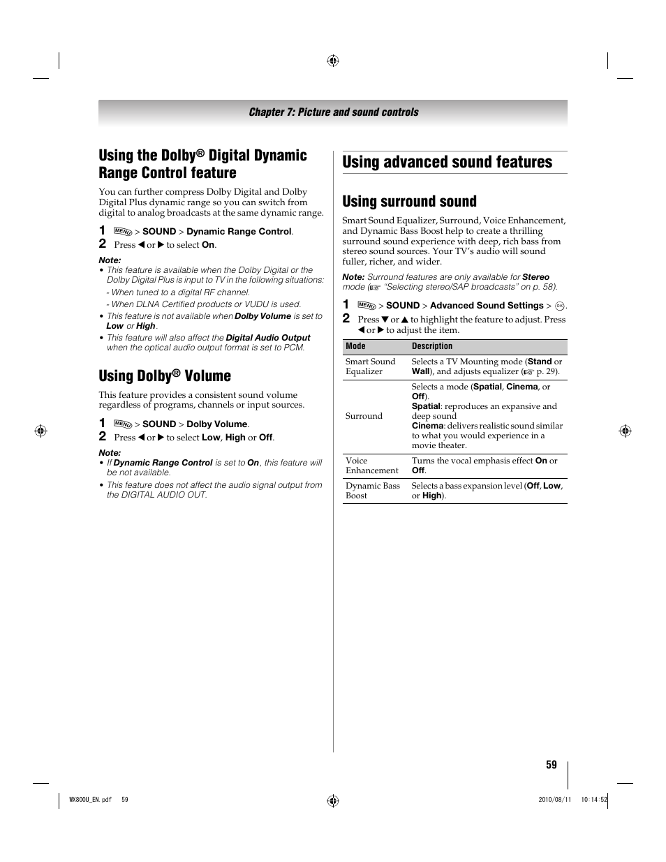 Using advanced sound features, Using the dolby, Digital dynamic range control feature | Using dolby, Volume, Using surround sound | Toshiba WX800U User Manual | Page 59 / 106