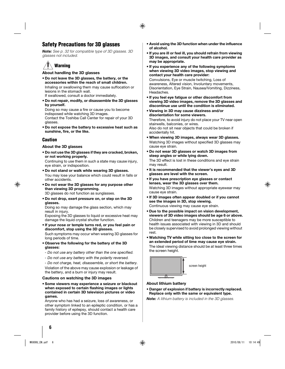 Safety precautions for 3d glasses | Toshiba WX800U User Manual | Page 6 / 106