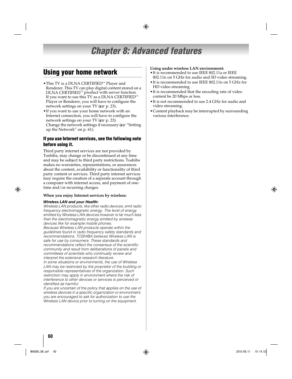 Chapter 8: advanced features, Using your home network | Toshiba WX800U User Manual | Page 60 / 106