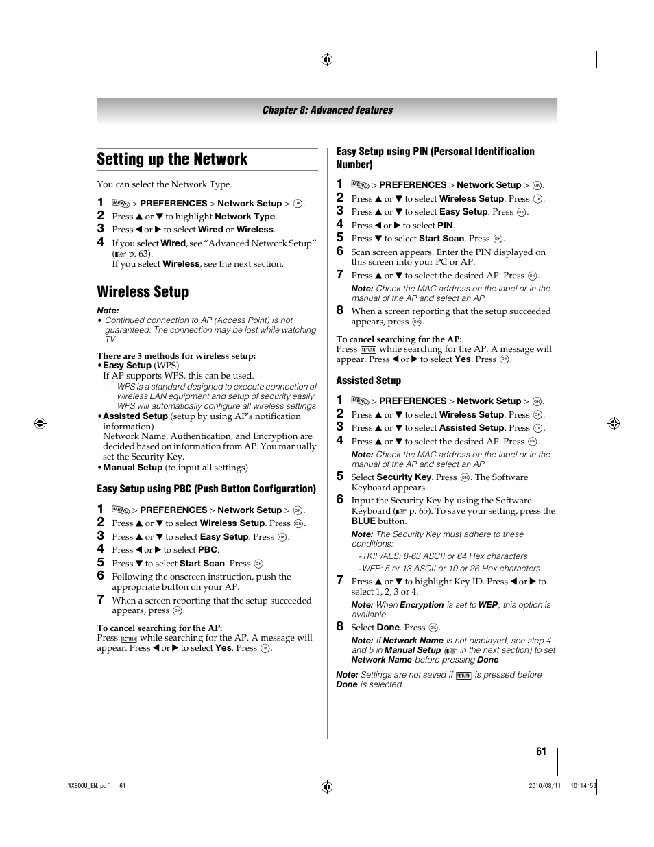 Setting up the network, Wireless setup | Toshiba WX800U User Manual | Page 61 / 106