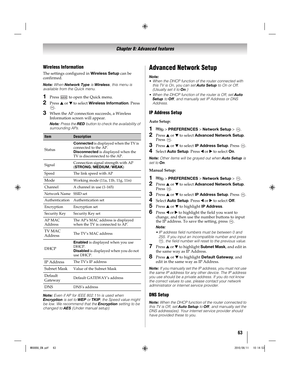 Advanced network setup | Toshiba WX800U User Manual | Page 63 / 106