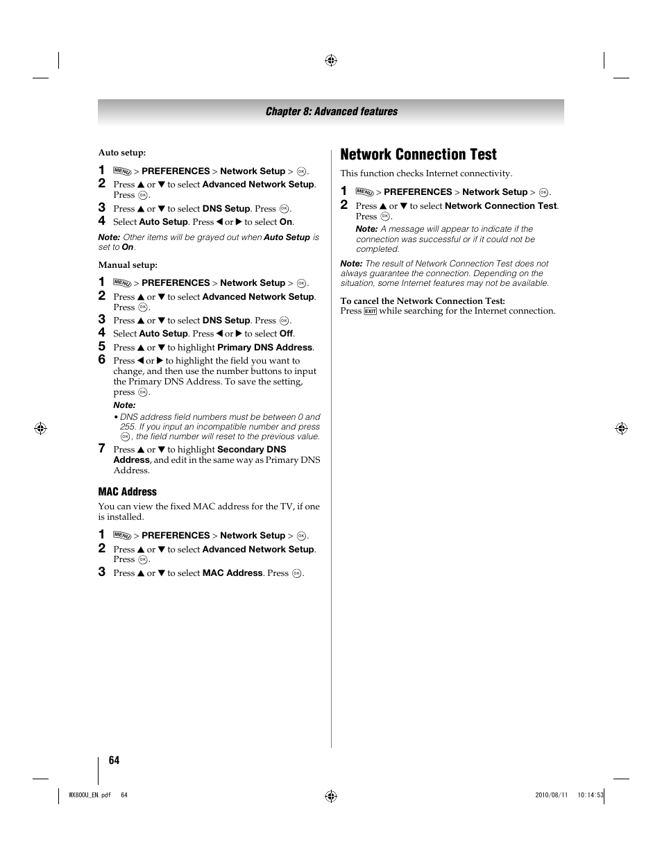 Network connection test | Toshiba WX800U User Manual | Page 64 / 106